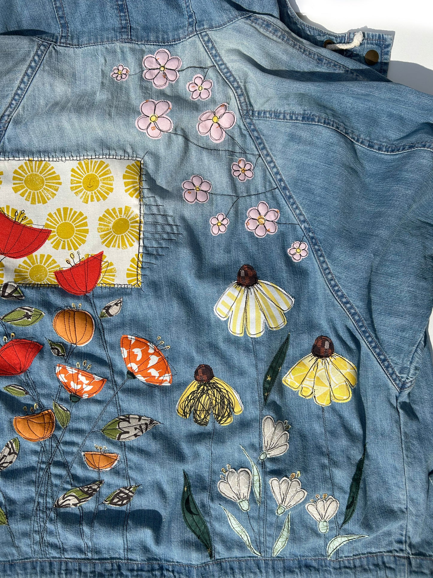 women's upcycled appliquéd & thread painted hooded jacket: wildflowers