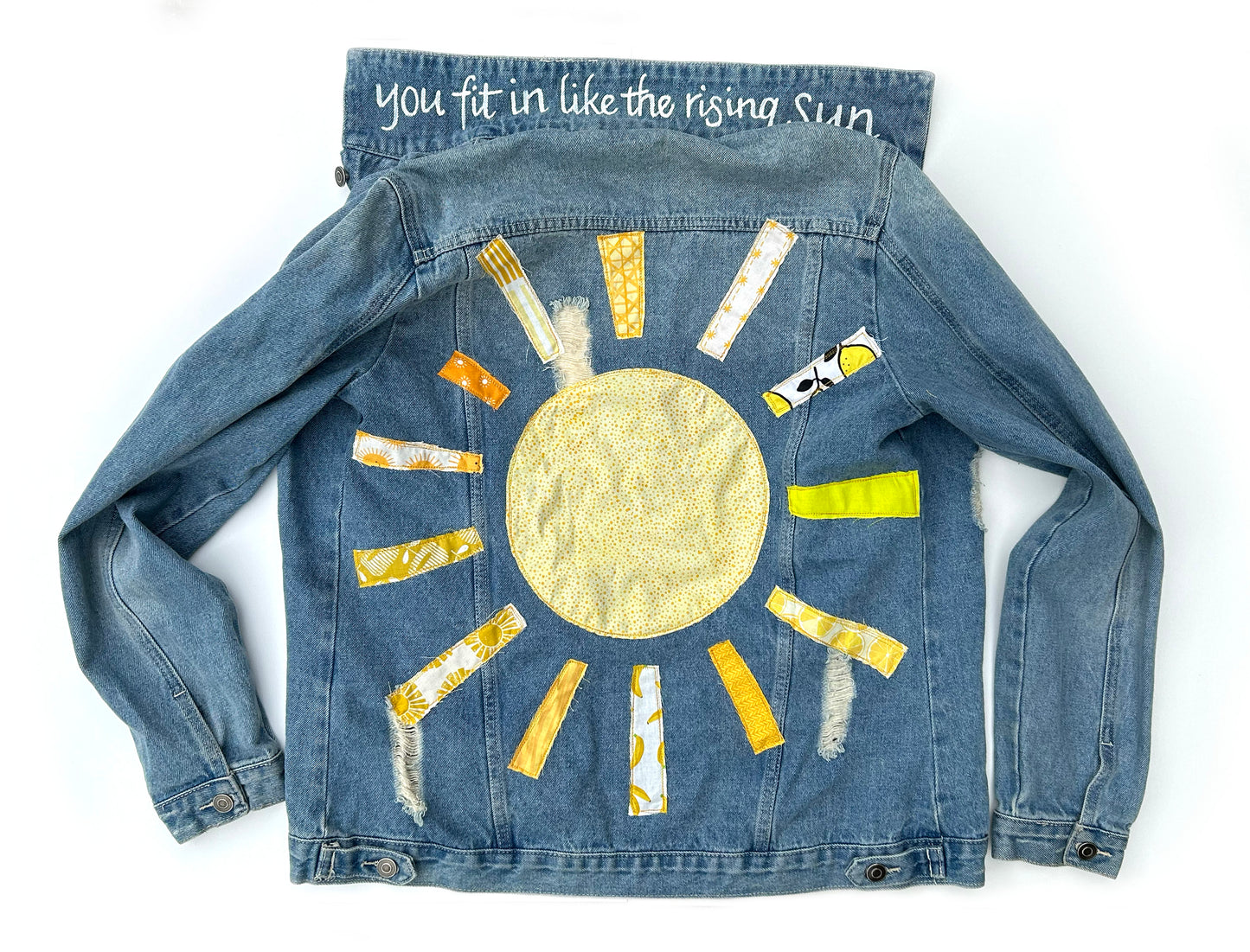 women's machine embroidered upcycled oversized denim jacket: sunshine