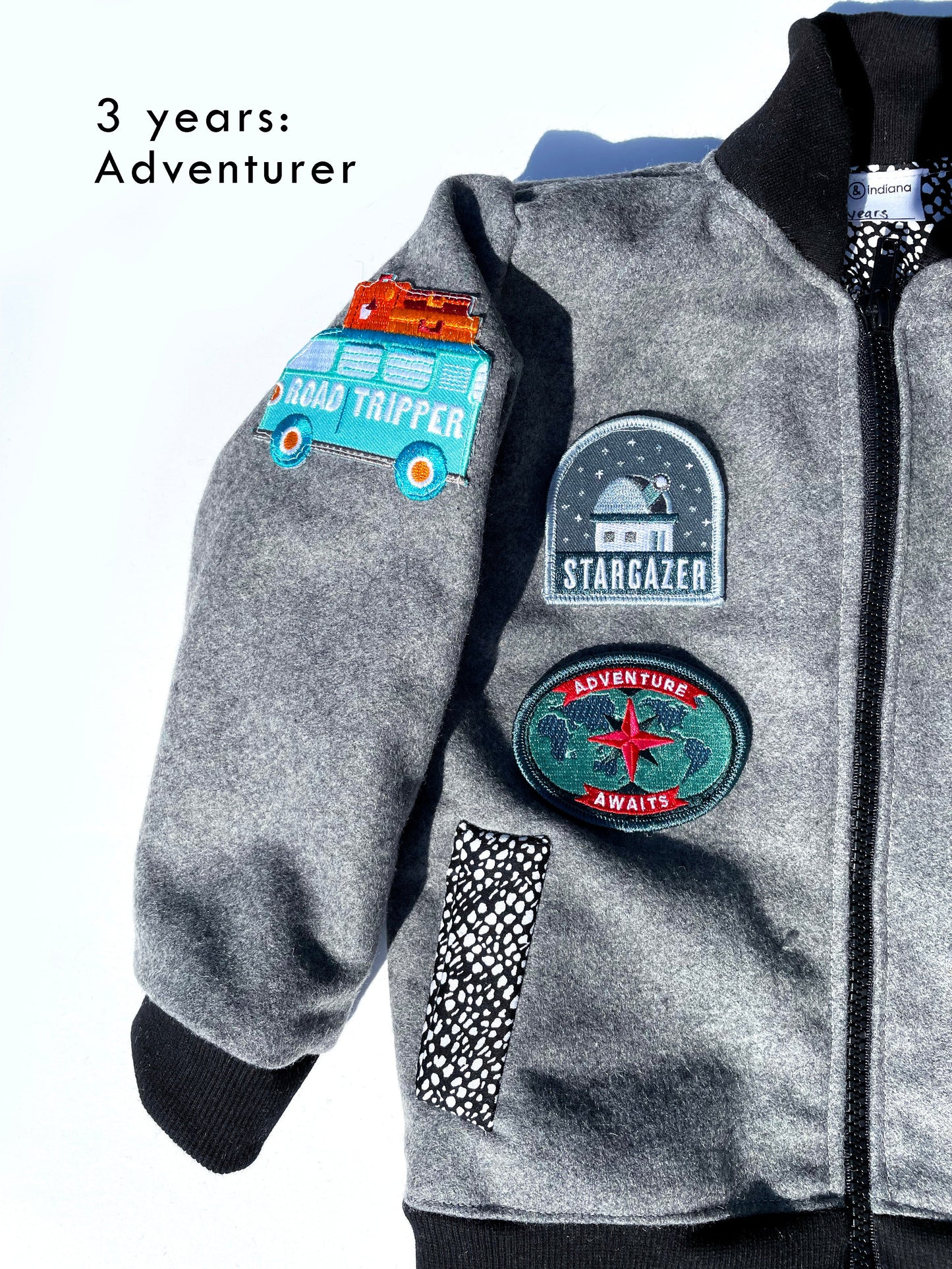 grey wool kids bomber jacket with patches: unisex