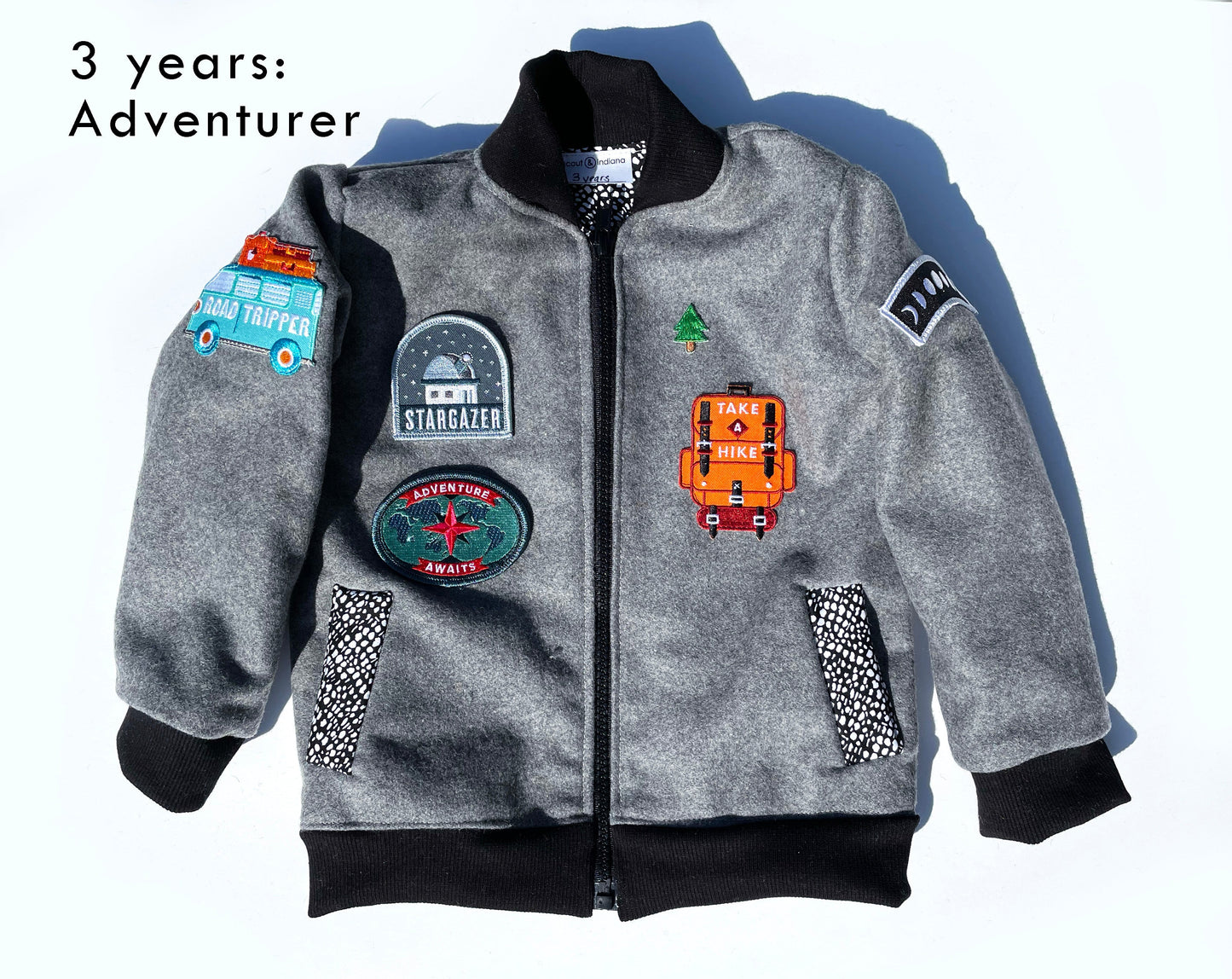 grey wool kids bomber jacket with patches: unisex