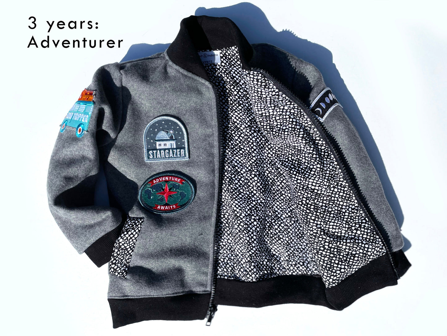 grey wool kids bomber jacket with patches: unisex