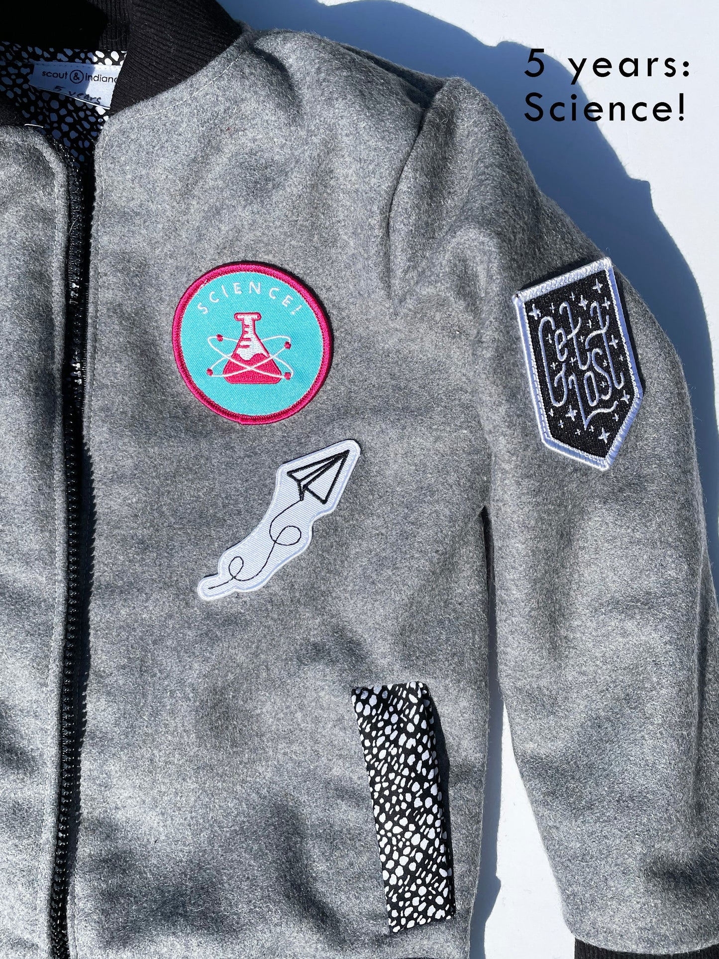 grey wool kids bomber jacket with patches: unisex