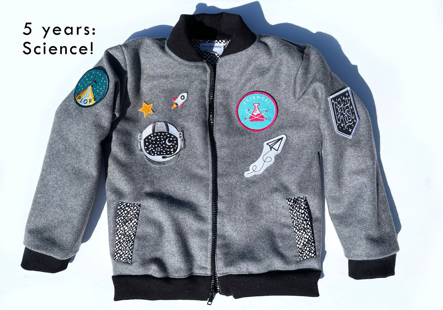 grey wool kids bomber jacket with patches: unisex
