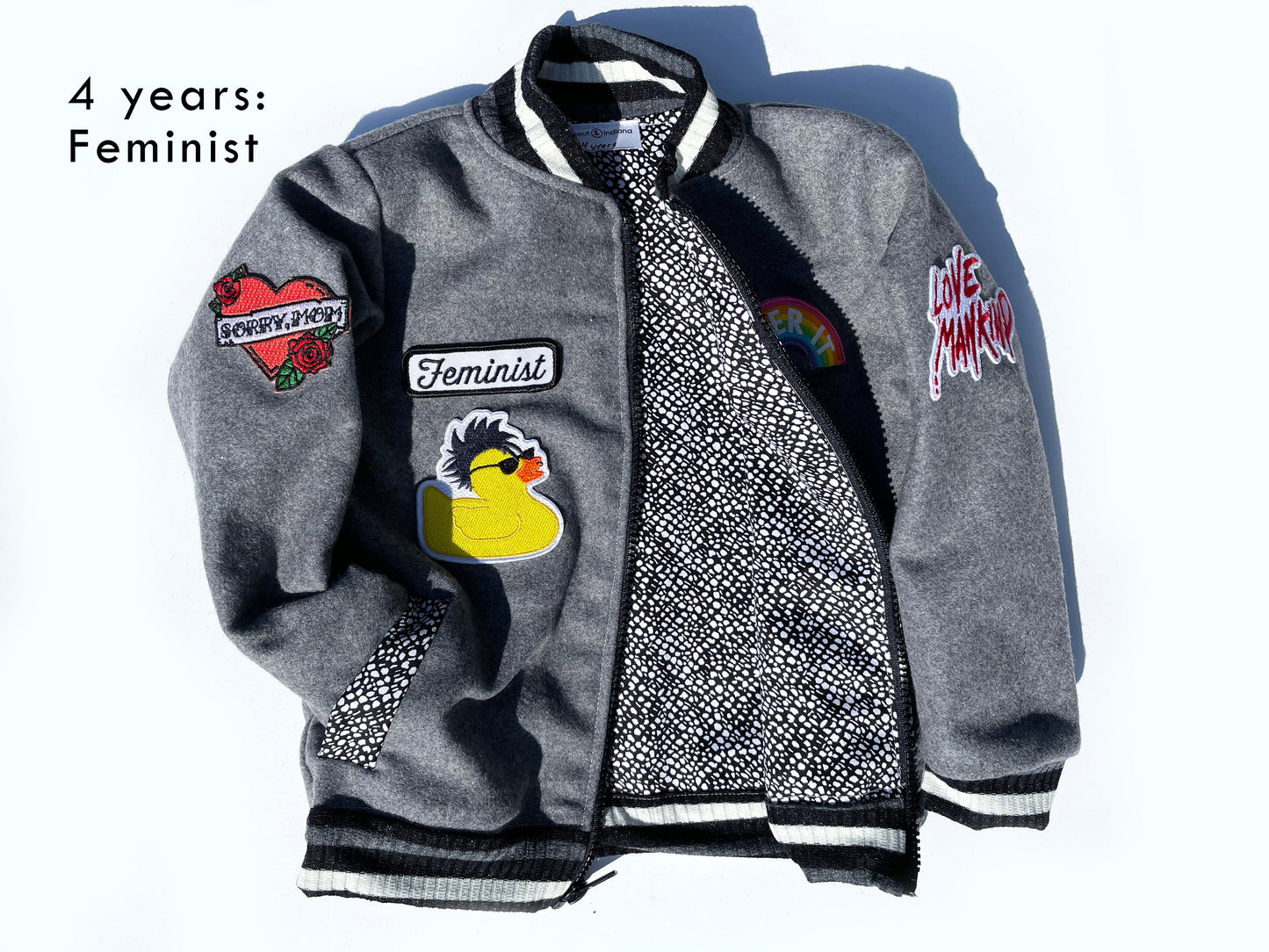 grey wool kids bomber jacket with patches: unisex