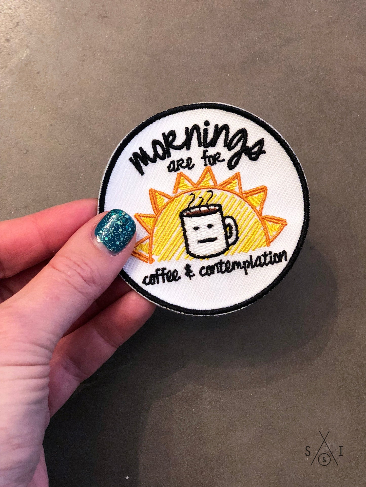 mornings are for coffee and contemplation iron-on patch