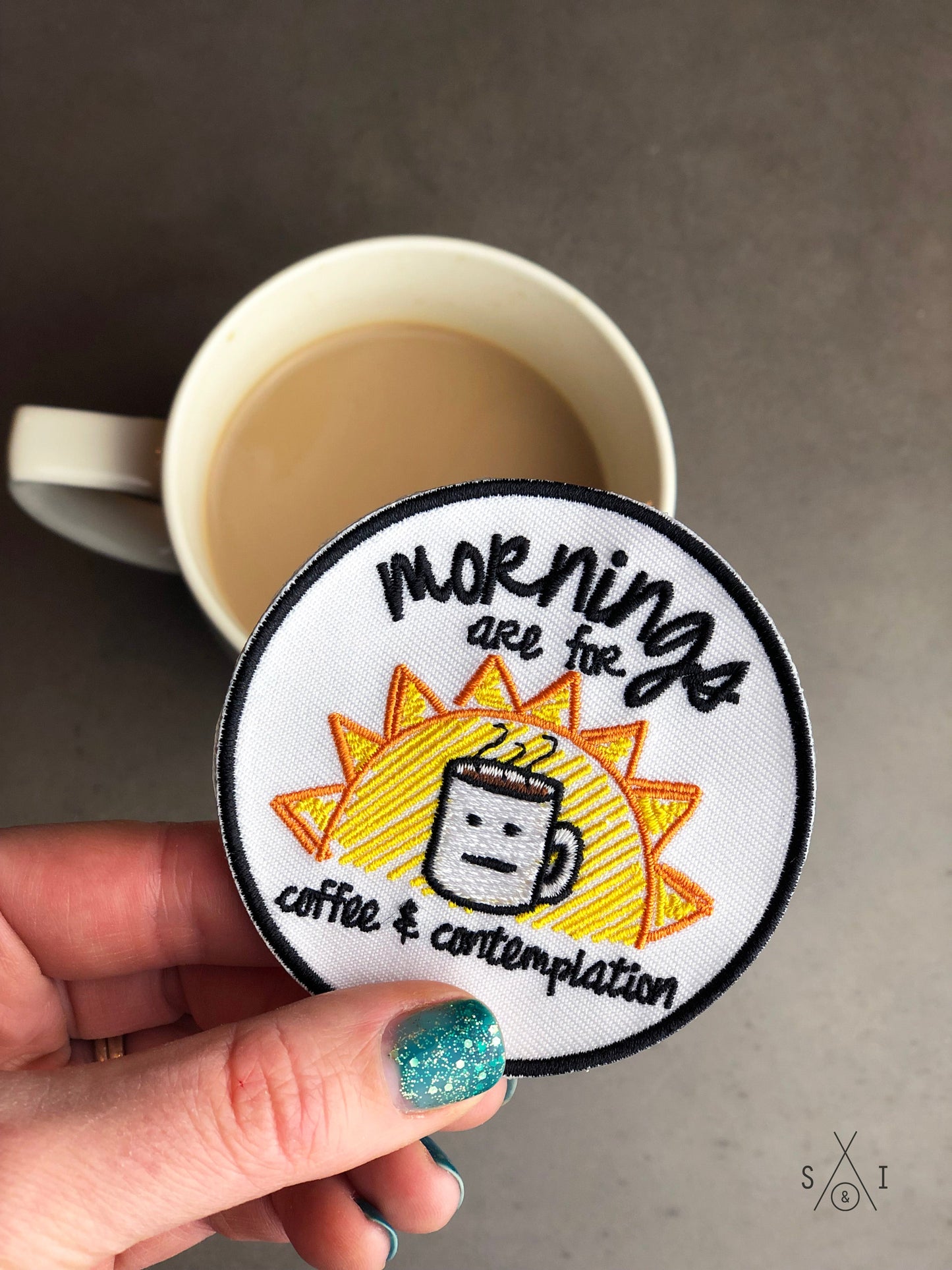 mornings are for coffee and contemplation iron-on patch