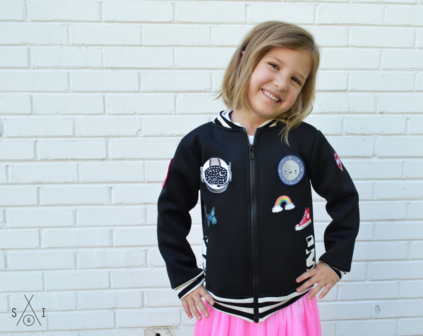 black neoprene kids bomber jacket with patches: unisex