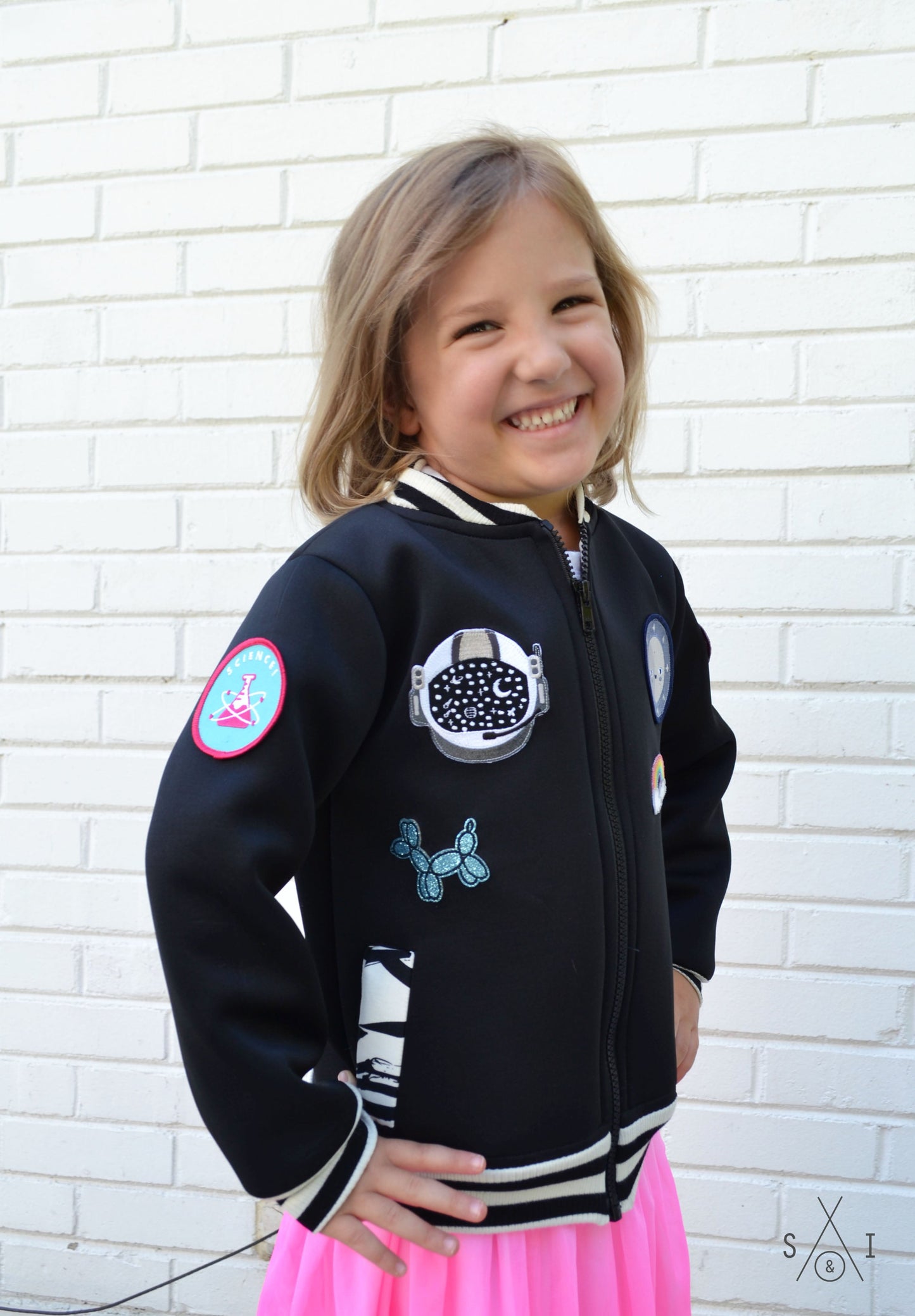 black neoprene kids bomber jacket with patches: unisex