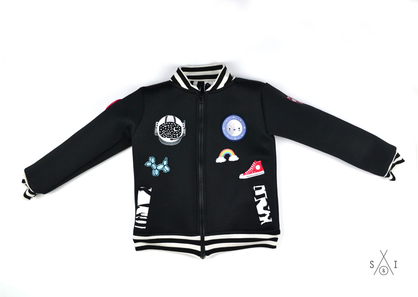 black neoprene kids bomber jacket with patches: unisex