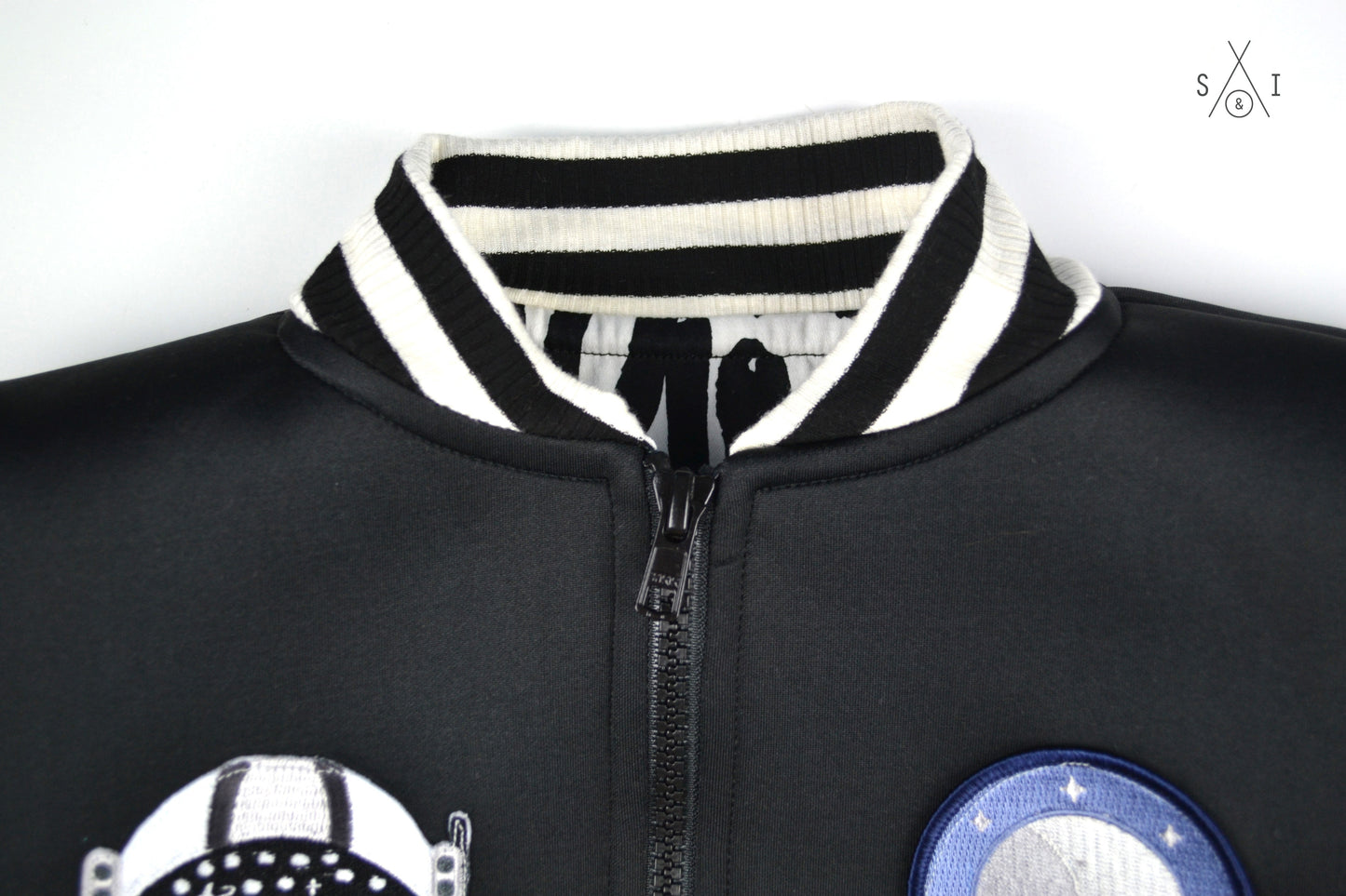 black neoprene kids bomber jacket with patches: unisex