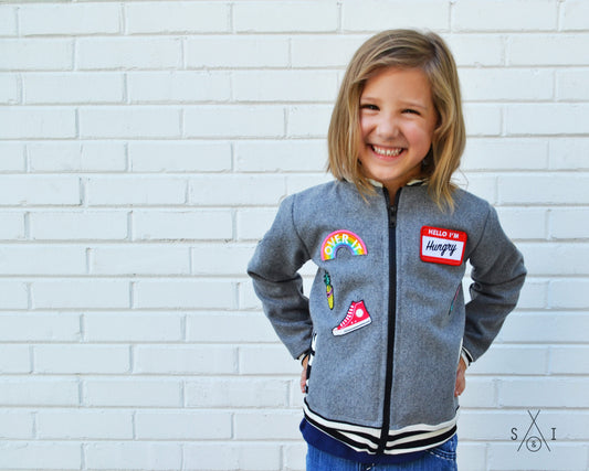 grey wool kids bomber jacket with patches: unisex
