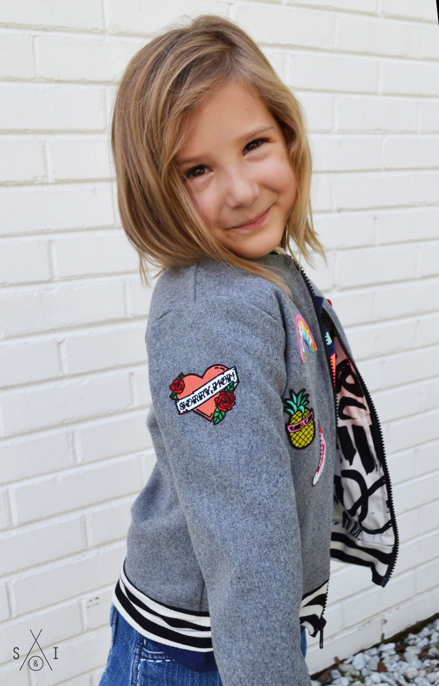 grey wool kids bomber jacket with patches: unisex