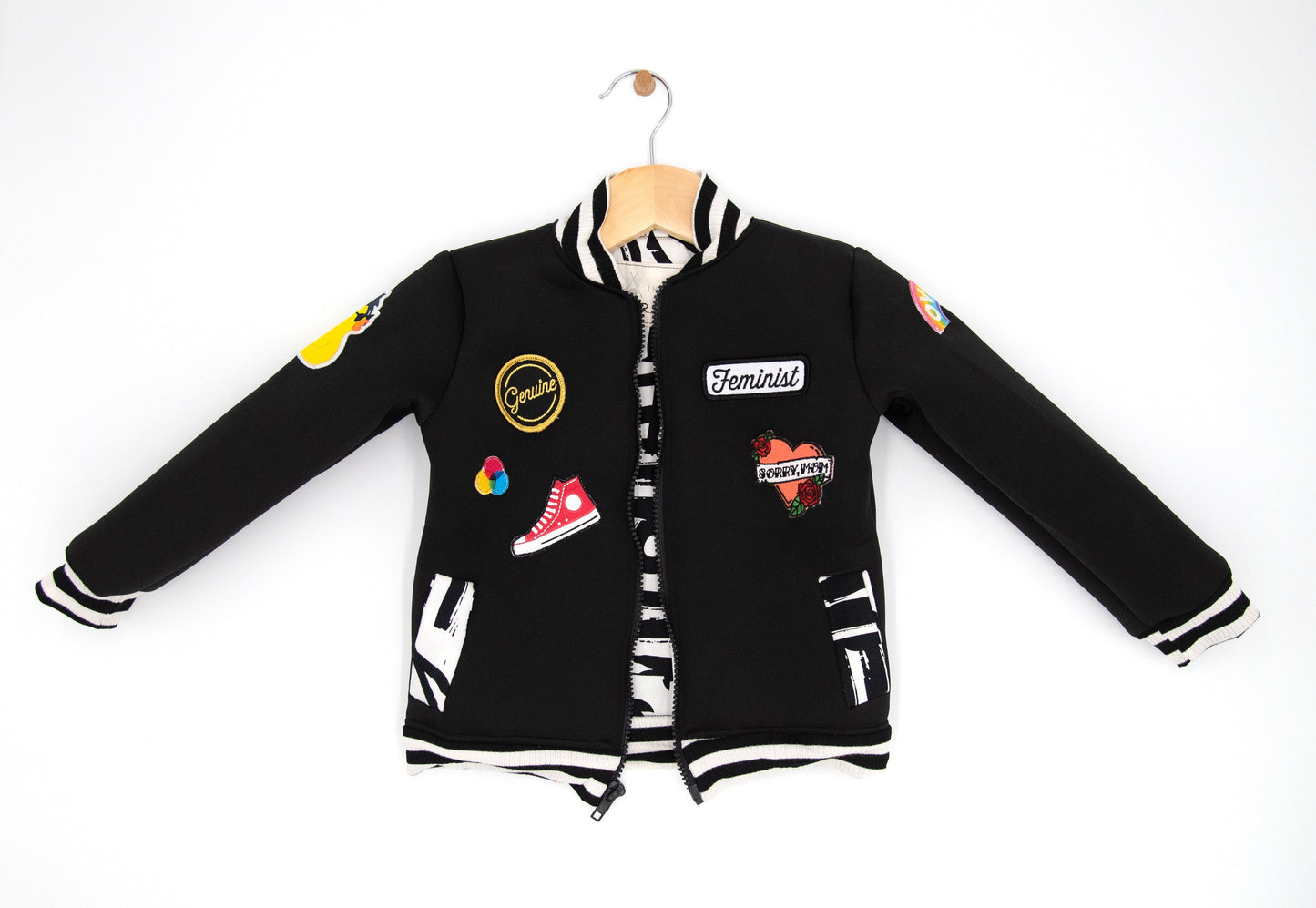 black neoprene kids bomber jacket with patches: unisex